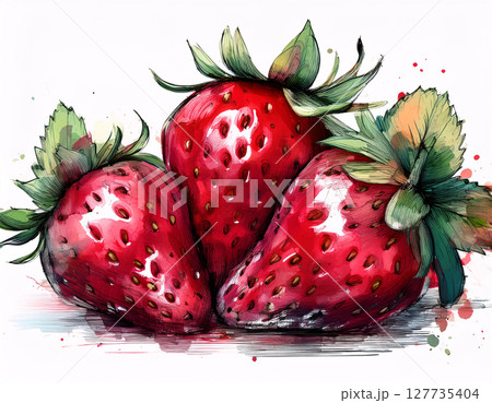 Three juicy red strawberries with green leaves, painted in a watercolor style 127735404