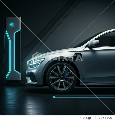 A futuristic electric car charging at a glowing station in a dark, atmospheric setting 127735490
