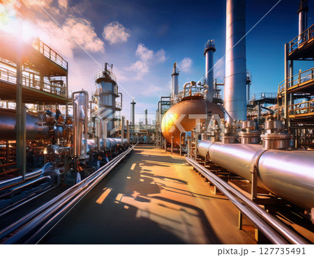 A vast industrial complex with towering tanks, pipes, and machinery under a bright blue sky A vast industrial complex with towering tanks, pipes, and machinery under a bright blue sky 127735491