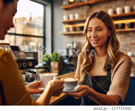 A barista in a cozy coffee shop hands a latte with intricate foam art to a customer, showcasing a warm and inviting atmosphere 127735492