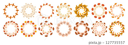 Mushroom circle frame set. Round border made of fall mushrooms. The mushrooms have different shapes and are arranged in a circle. Vector flat isolated on white background. 127735557