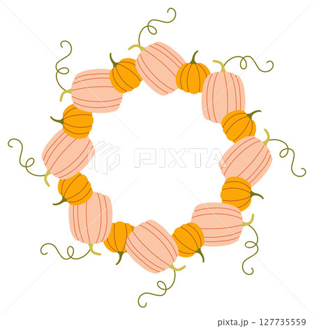 Pumpkin circle frame. Round border made of fall pumpkins. The pumpkins have different shapes and are arranged in a circle. Vector flat isolated on white background. 127735559