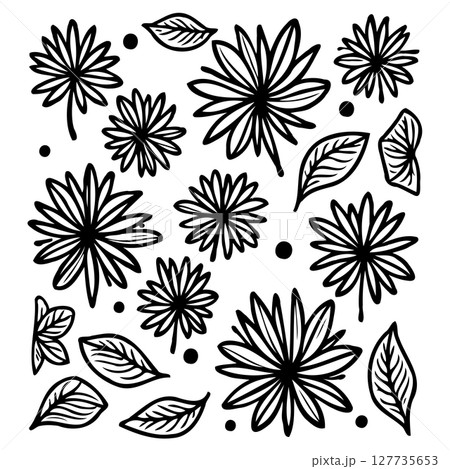 Elegant floral arrangement illustration in black and white with leafy elements 127735653