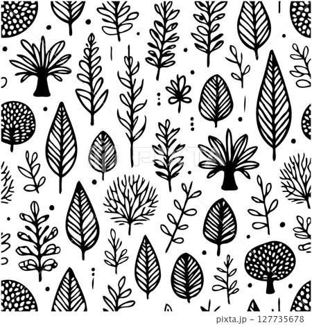 Elegant black and white botanical pattern design with diverse leaf motifs and natural shapes 127735678
