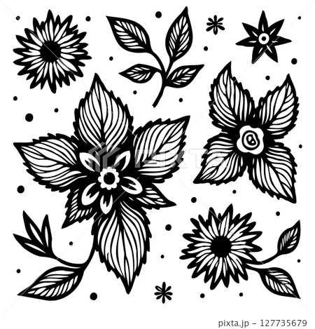 Elegant Black and White Floral Vector Illustration Collection for Graphic Design 127735679