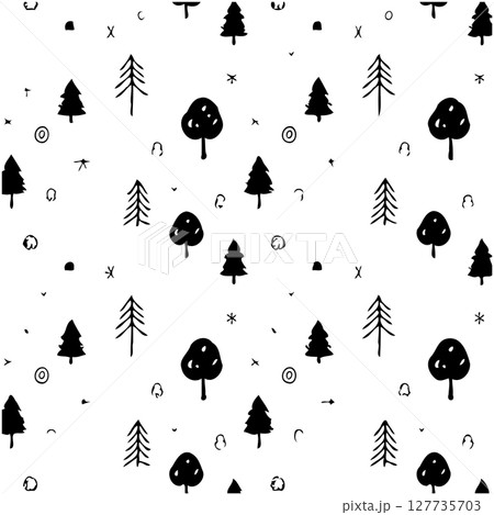 Charming Hand-Drawn Forest Pattern: Whimsical Tree Silhouettes on a White Background Charming Hand-Drawn Forest Pattern: Whimsical Tree Silhouettes on a White Background 127735703