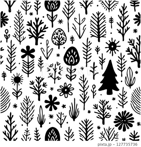 Seamless pattern of hand-drawn trees and flowers, folk style art, decorative background 127735736