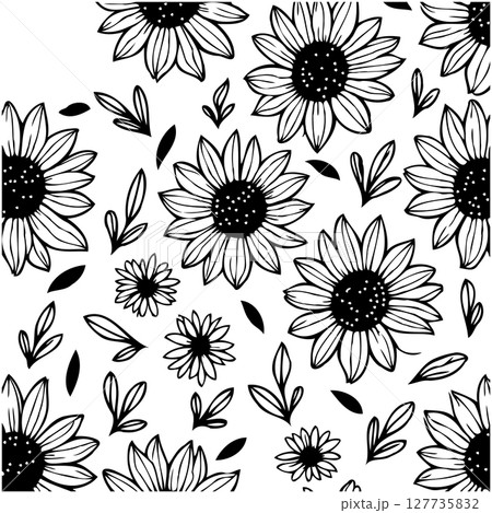 Seamless botanical pattern: Black and white sunflowers, leaves, vector illustration 127735832