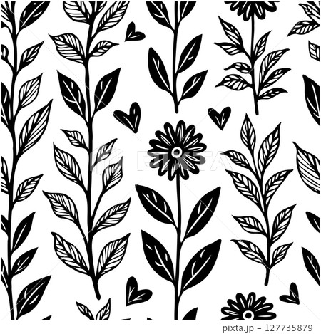 Elegant seamless pattern with floral and botanical elements in black and white Elegant seamless pattern with floral and botanical elements in black and white 127735879