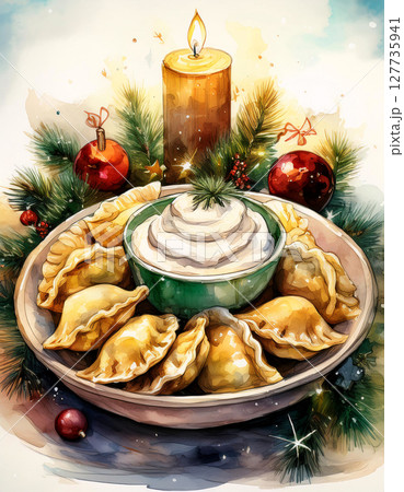 A festive watercolor painting of pierogies served with sour cream and surrounded by Christmas decorations 127735941
