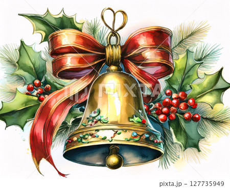 A golden Christmas bell with a red ribbon and holly leaves 127735949