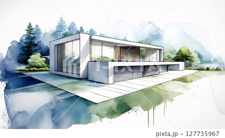 A modern, spacious house with large windows, a balcony, and a lush green landscape 127735967