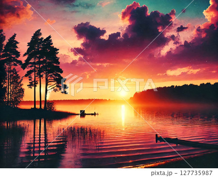 A vibrant sunset paints the sky with hues of pink and orange, reflecting on a . Generative AI. 127735987