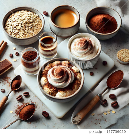 Ingredients for a layered dessert, featuring cocoa, oats, coffee, cream, and cookies, styled on a marble surface 127736020
