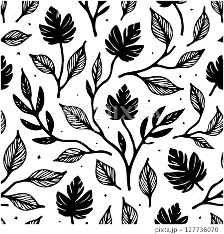 Elegant botanical black and white seamless pattern with leaves and branches 127736070