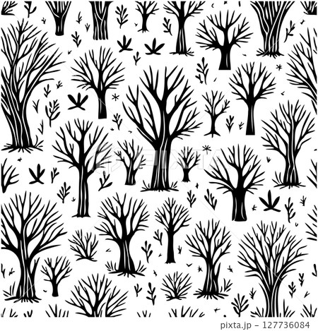 Seamless pattern with bare trees and bushes in black and white design 127736084