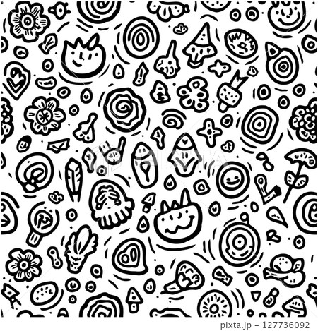 Playful Doodle Extravaganza: Whimsical Hand-Drawn Elements in a Dynamic Black and White Pattern 127736092