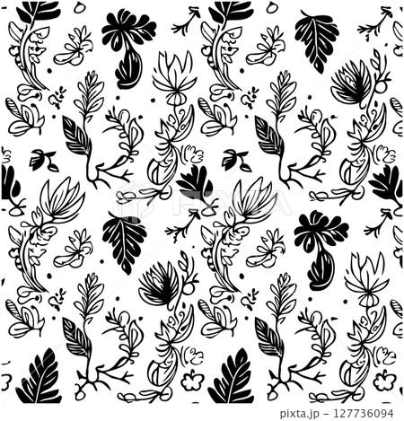 Monochrome botanical pattern with decorative floral elements in a seamless design Monochrome botanical pattern with decorative floral elements in a seamless design 127736094