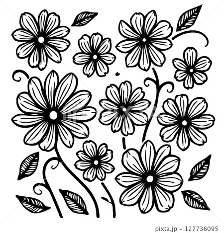Elegant floral pattern design with outlined flowers and foliage elements Elegant floral pattern design with outlined flowers and foliage elements 127736095