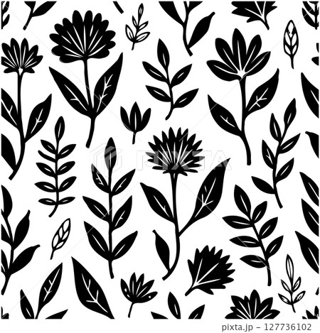 Floral pattern with flowers, leaves and branches in black and white design 127736102