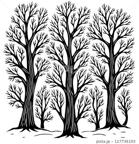 Stylized black and white illustration of bare winter trees in a forest setting 127736103