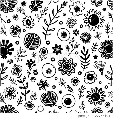 Floral vector background, seamless pattern with hand-drawn flowers and leaves, botanical Floral vector background, seamless pattern with hand-drawn flowers and leaves, botanical 127736104