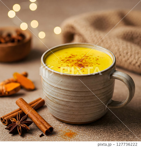 Golden milk in a speckled mug with cinnamon sticks and star anise on a textured surface 127736222