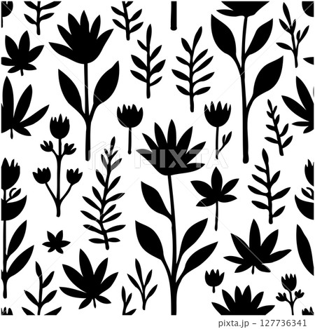 Elegant Black and White Floral Silhouette Pattern for Textile and Background Design 127736341