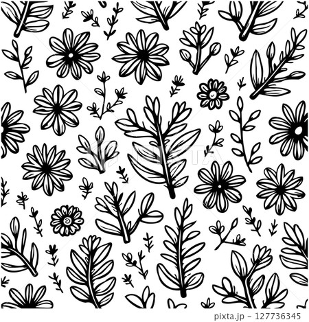 Delicate black and white floral vector pattern for fabric and wallpaper designs 127736345