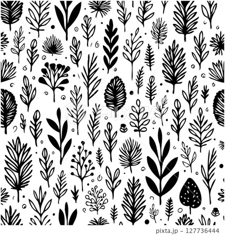 Elegant seamless botanical pattern with hand-drawn leaves and branches design Elegant seamless botanical pattern with hand-drawn leaves and branches design 127736444