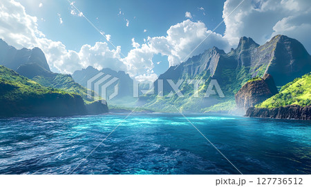 美しい南国の無人島の入り江のイメージイラスト風景 127736512