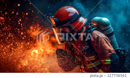 Firefighter Battling Blaze Intense Spray Dramatic Lighting 127736561