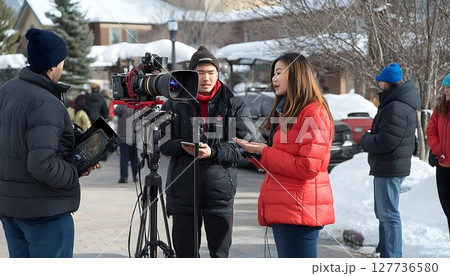 Outdoor Film Crew Prepares for Winter Shoot with Large Camera an 127736580