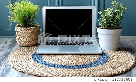 Laptop computer on jute rug with plants home office workspace 127736602