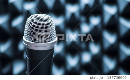 Studio microphone close up dark blue textured background 127736603