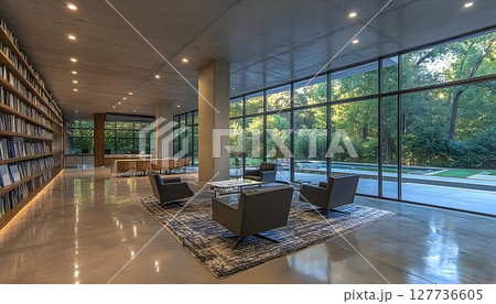 Modern interior design with expansive windows and natural light 127736605