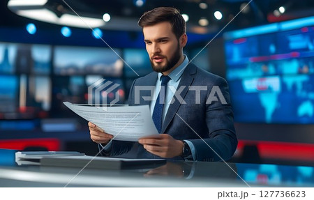 News anchor reviewing documents in television studio 127736623