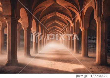 Sunlit hallway with columns and arches mysterious interior architecture 127736679