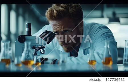Focused scientist using microscope in laboratory setting Focused scientist using microscope in laboratory setting 127736681