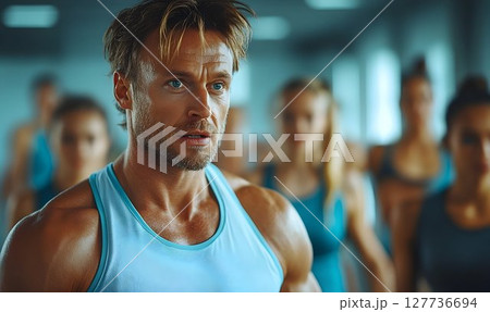 Focused man in fitness class strength training healthy lifestyle 127736694