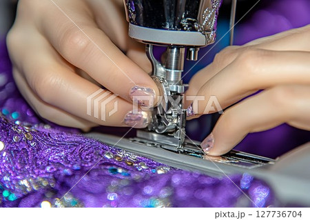 Close up of hands using sewing machine on purple fabric 127736704