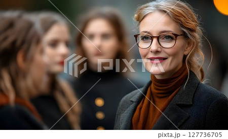 Portrait of a smiling woman with glasses and brown turtleneck 127736705