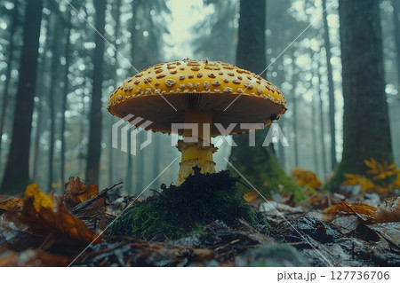 Yellow mushroom in misty forest nature photography 127736706