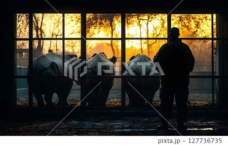 Silhouetted person observing rhinos at sunset through large window Silhouetted person observing rhinos at sunset through large window 127736735