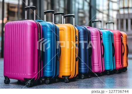 Colorful suitcases ready for travel vibrant vacation luggage 127736744