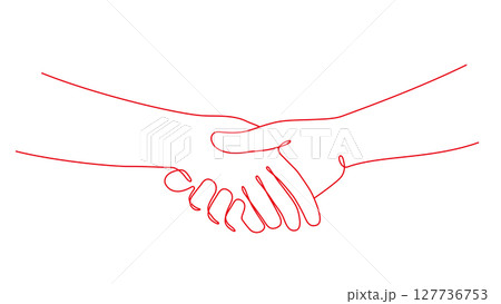 握手する手の一筆書きイラスト　線画　ラインアート　赤 127736753