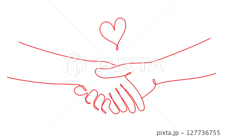 握手する手とハートの一筆書きイラスト　線画　ラインアート　赤 127736755