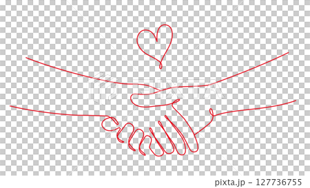握手する手とハートの一筆書きイラスト　線画　ラインアート　赤 127736755