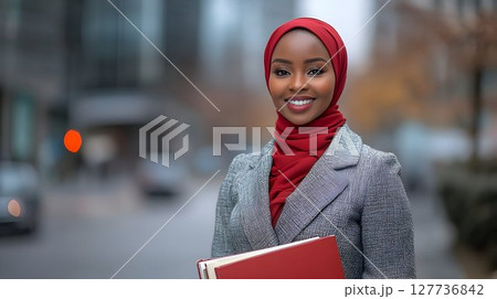 Smiling woman in red hijab holding red folder on city street 127736842