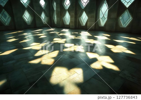 Diamond Paned Windows Cast Floral Light Patterns on Stone Floor 127736843